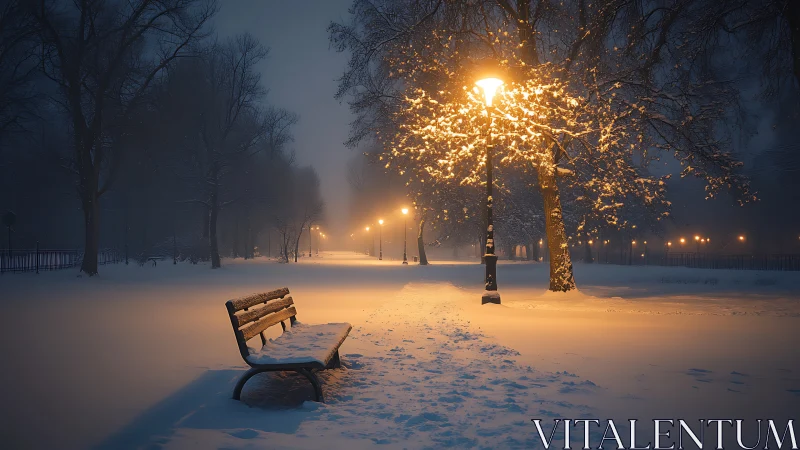 Snowbound park bench under ember streetlamps at midnight hush.