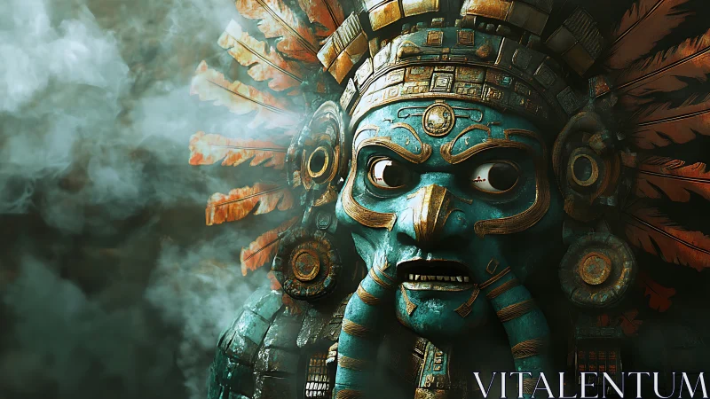 Storm-eyed turquoise war mask snarling through jungle fog.