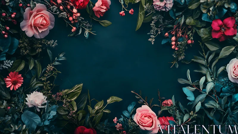 Deep Teal Floral Arrangement with Pink Roses and Red Blooms