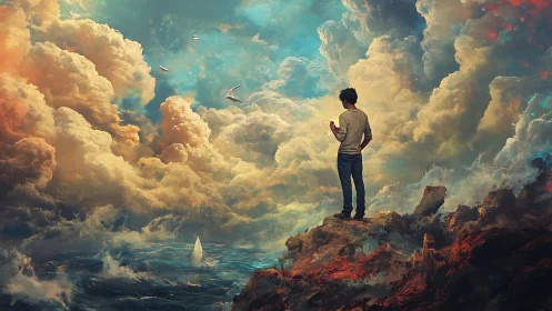 Man stands above stormy sea beneath towering dreamlike clouds.