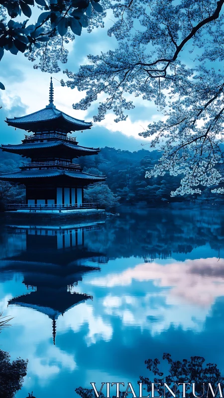 Pagoda by lakeside under blossoms with cool blue tonality.
