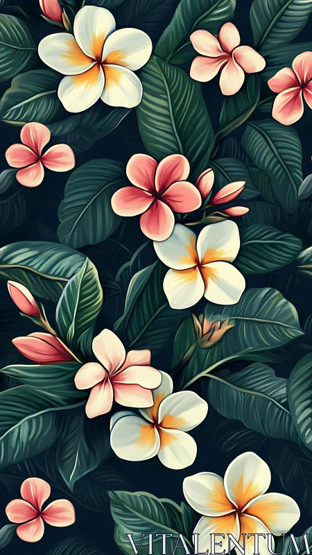 Botanical Five-Petaled Plumeria Composition with Layered Foliage Pattern