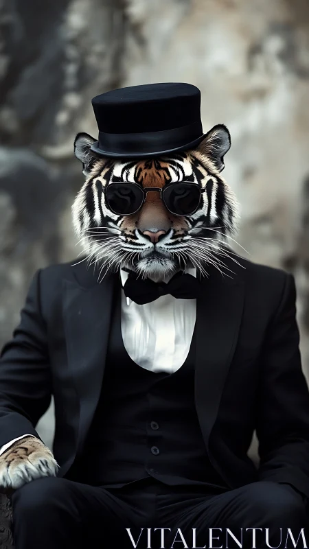 Anthropomorphic tiger in tuxedo rendered as sleek photorealism