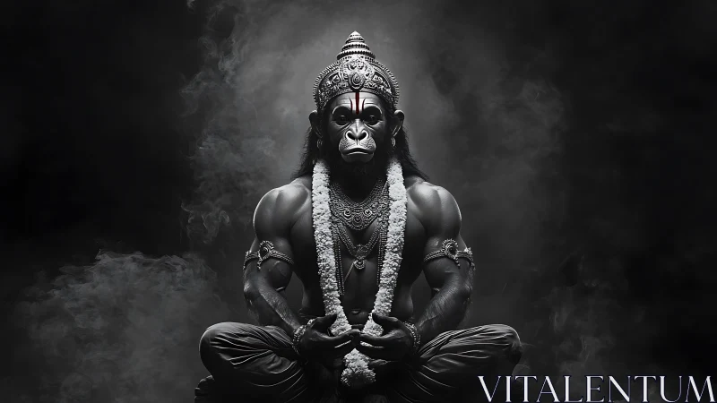 Mystic monkey warrior in meditative storm of shadows.