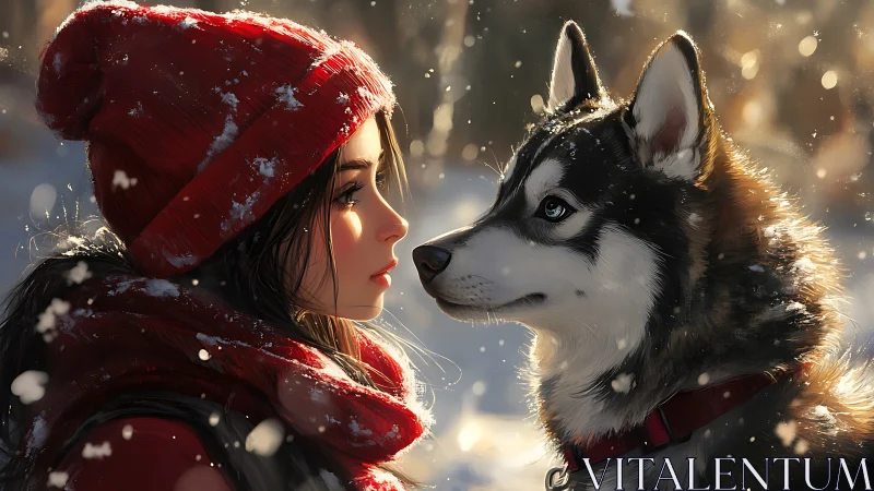 Soft backlit winter portrait pairs girl profile with husky gaze