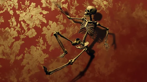Dancing skeleton pirouettes across baroque crimson wallpaper.