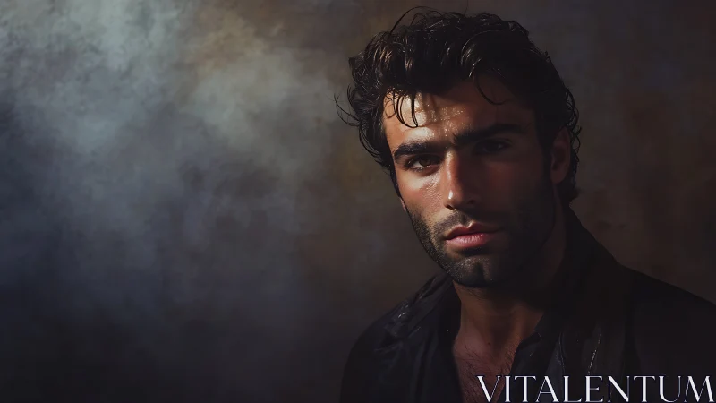 Low-key cinematic male portrait in dramatic chiaroscuro lighting.