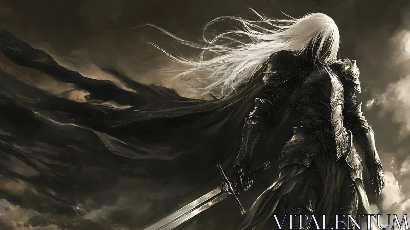 Dark armored swordsman with flowing white hair in storm.