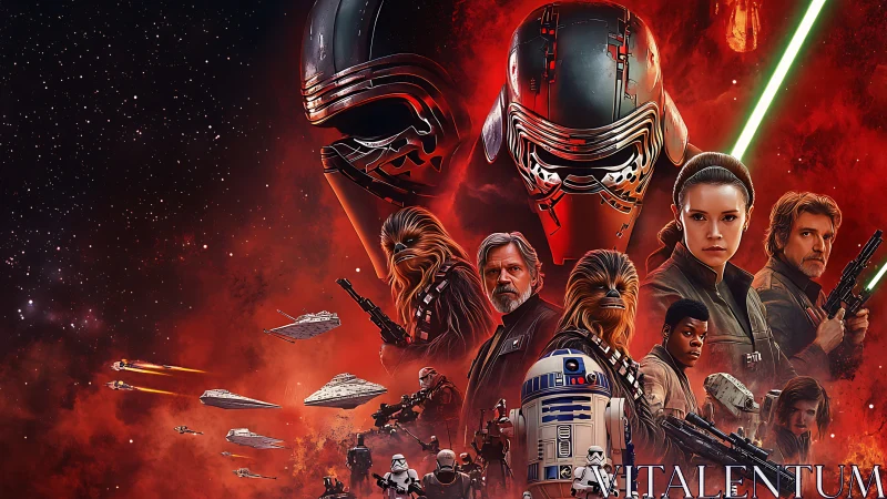 Space opera ensemble poster with red nebula battlefield backdrop.