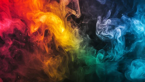 Multicolor swirling ink clouds on dark contrasting background.