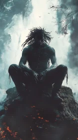 Demonic humanoid sentinel perched on lava rock before mistfall