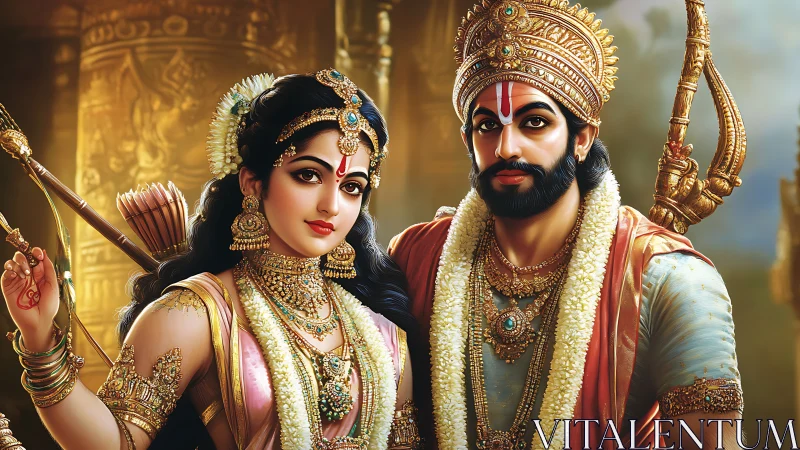 Regal royal couple in ornate golden temple setting.