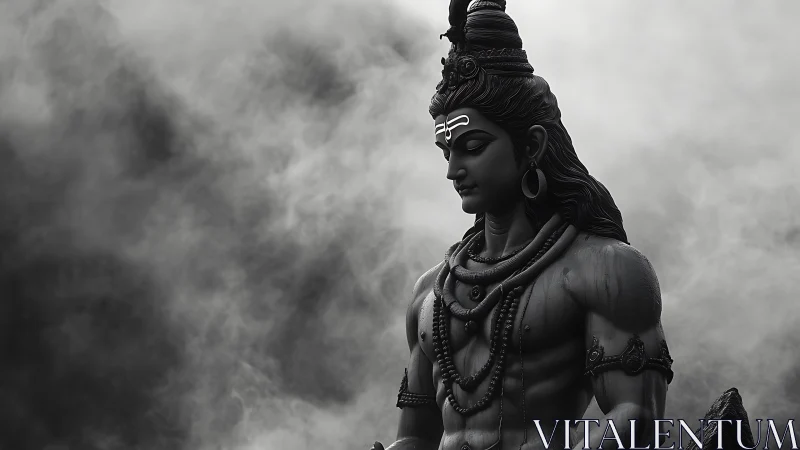 High-contrast monochrome statue of Shiva amid dense atmospheric fog