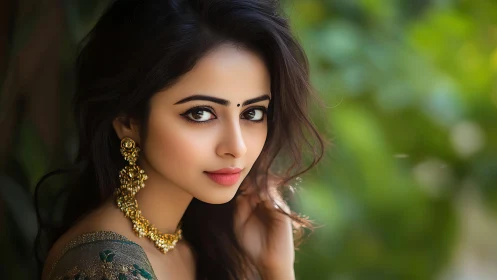 Portrait shows elegant woman in gold jewelry outdoors