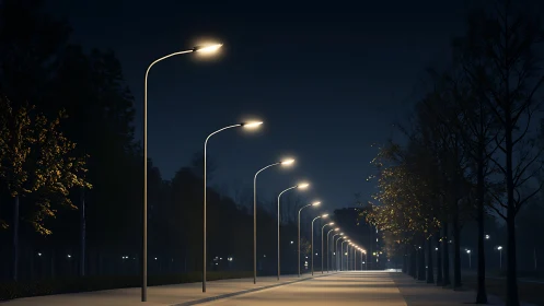 Nocturnal boulevard illuminated by rhythmic streetlights.