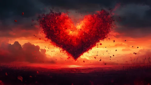 Explosive Heart Against Fiery Sunset Sky.
