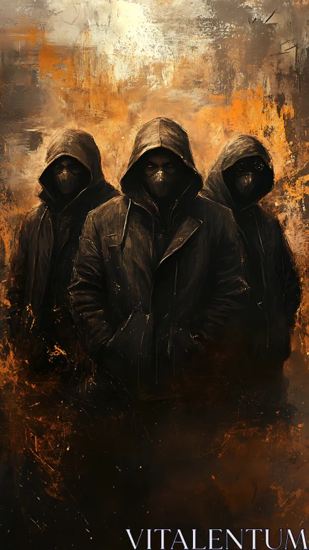 Hooded specters stride through embers of a ruined dusk.