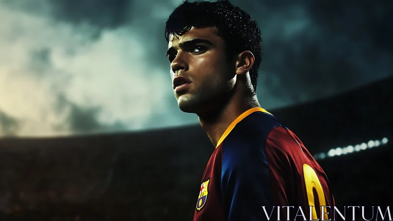Focused footballer stands under stormy stadium lights