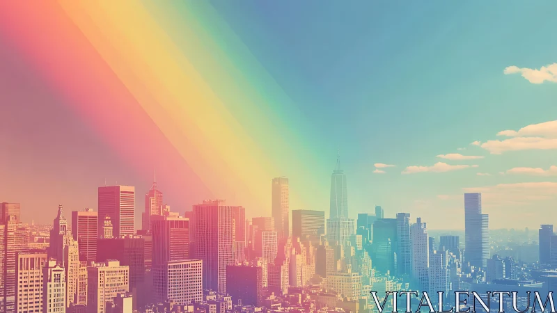 Sunlit rainbow gradients wash over a vibrant city skyline