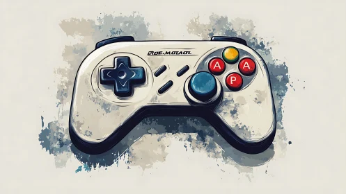 Classic Video Game Controller in Watercolor Splatter Style