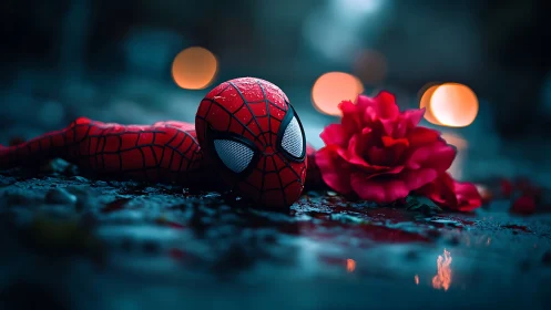 Spider hero mask resting beside vivid rose on wet street.