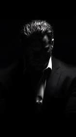 Low key portrait of suited man in dramatic side lighting.