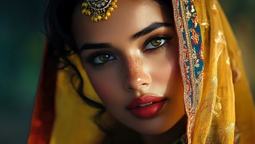 Portrait shows woman in ornate yellow veil with jeweled headpiece