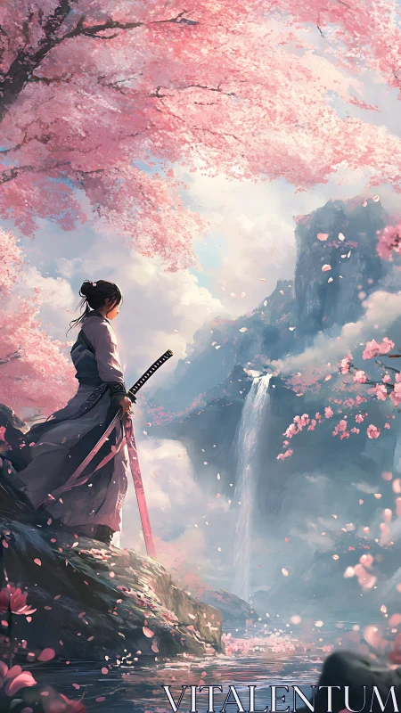 Samurai warrior overlooks misty waterfall under cherry blossoms.