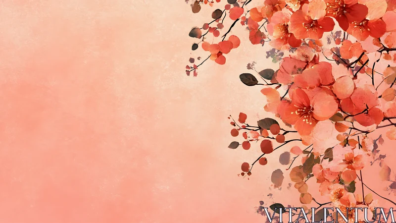 Coral Flowering Branches Against Soft Peachy Background