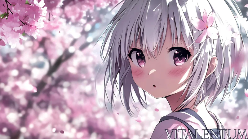 Anime girl with white hair stands amid blooming cherry blossoms
