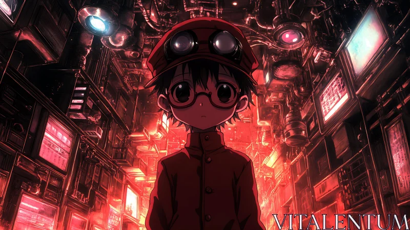 Child engineer walks neon industrial corridor, red glow.