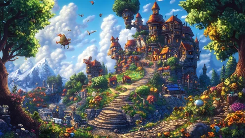 Sunlit fantasy hillside village with winding stone path.