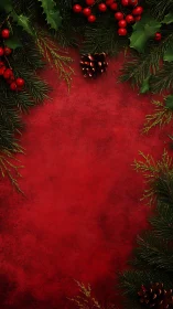 Christmas border with pine branches and bright red berries.