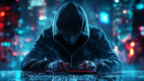 Hooded figure types on illuminated keyboard in neon cityscape