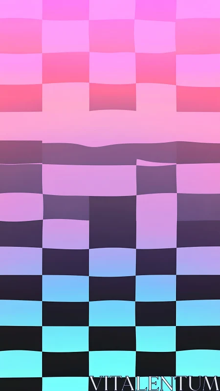 Gradient warped checkerboard grid with soft chromatic transition bands