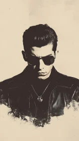 Monochrome portrait of man in leather jacket and sunglasses
