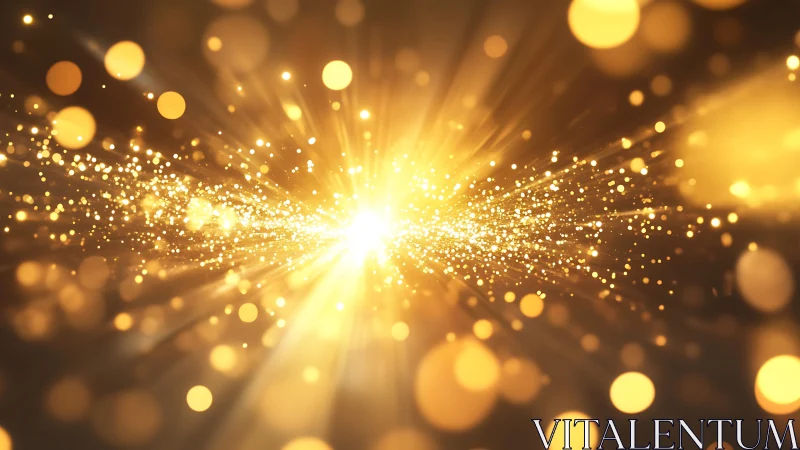Radiant burst of golden light with sparkling bokeh effect background.