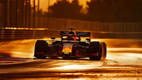 Formula race car accelerates on sunlit circuit straight