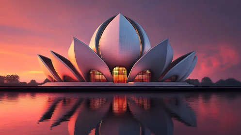 Lotus-shaped sunset temple mirrored on tranquil water.