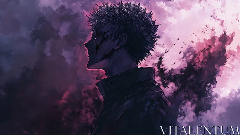 Solitary silhouette wrapped in stormy violet twilight.