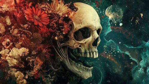 Human skull dissolves into blooming flowers and cosmic void