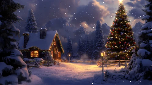 Snowy mountain cabin glows beside a radiant Christmas tree