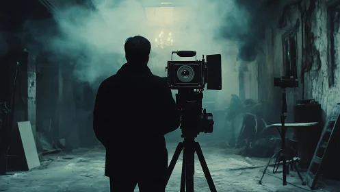 Silent director communes with an old camera in drifting fog