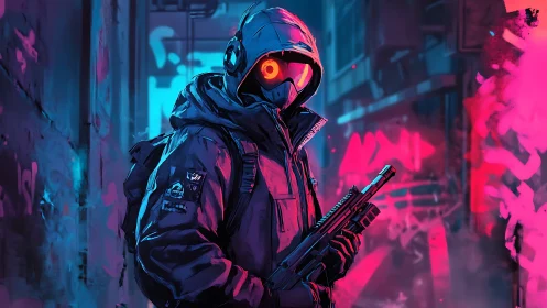 Cyberpunk gunner in neon alley with glowing visor stare.