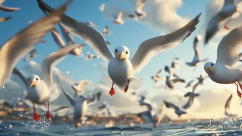 Seagulls in dynamic low-angle flight rendered in photoreal detail