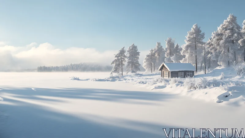 Snow covered cabin beside frozen lake under clear sky.