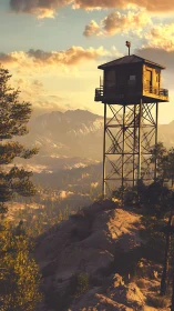 Fire lookout tower over sunlit pine mountainscape at dusk.