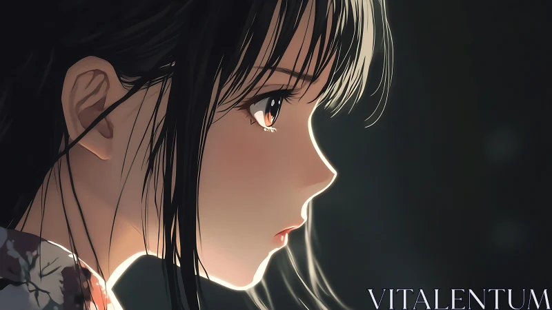 Side-lit anime girl profile glows in soft warm light.
