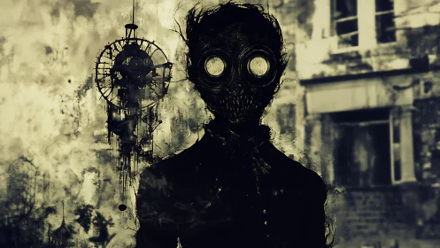 Silhouetted figure with gas mask stands before decayed building