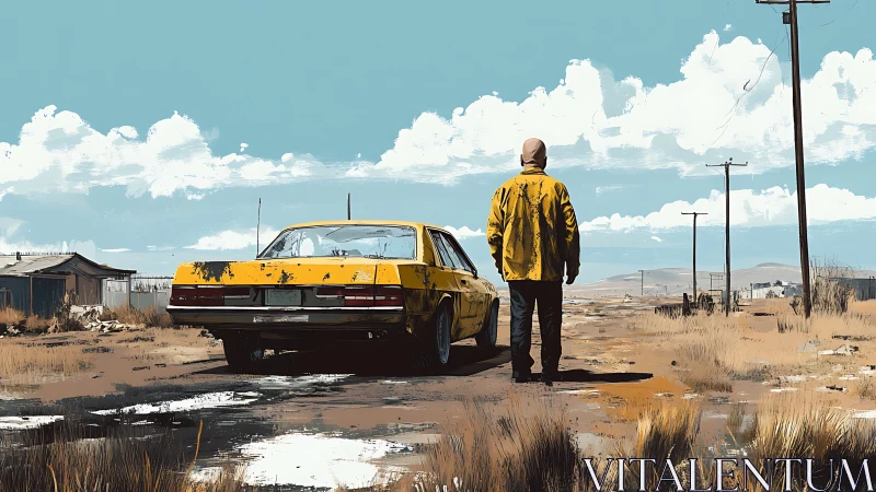 Solitary figure beside weathered yellow car in arid roadside